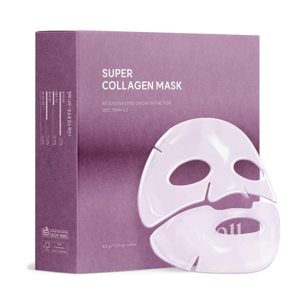 AROCELL Super Collagen Mask 8 Facial Sheet Dual Matrix Hydrogel Masks with Low Molecular Weight Collagen for Elasticity Hydrating Anti-Aging Cooling Korean Skincare 43g x 8ea