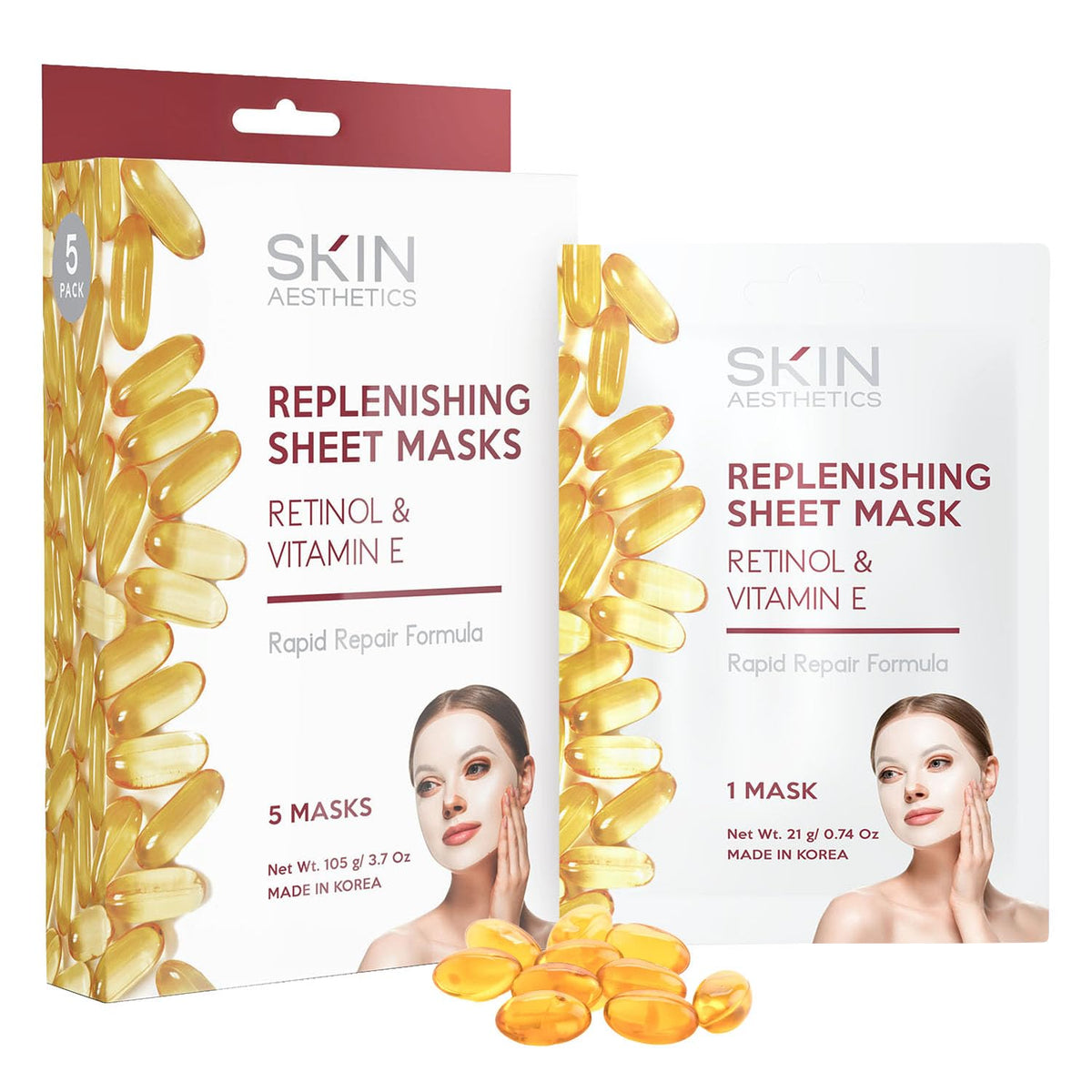 Skin Aesthetics Retinol & Vitamin E Sheet Face Mask - Repairs Skin Diminishes Fine Lines & Wrinkles Anti-Aging - Dermatologist Tested Korean Skincare - Clean Beauty Cruelty-Free - 5 Masks