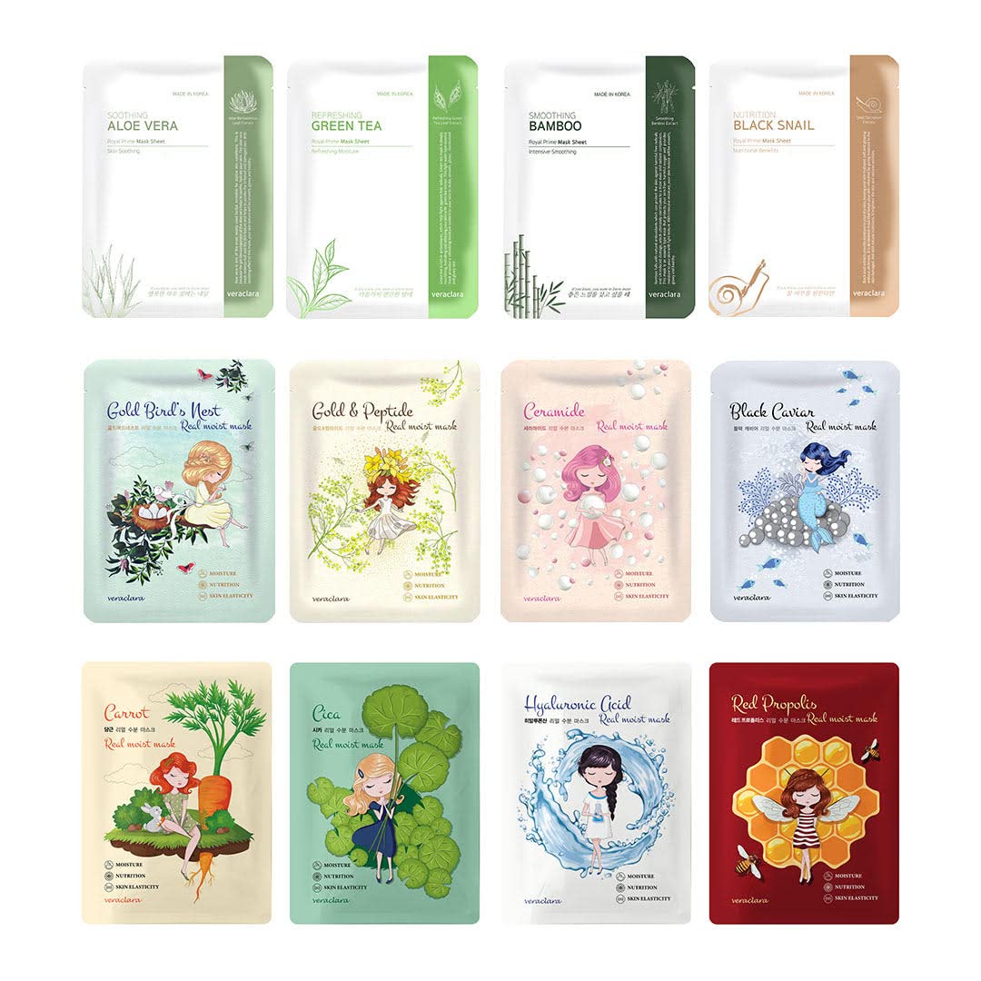 Veraclara] Facial Mask Sheet | Korean Skincare | Lighten Moisturize Firming Skin | Diminish Dark Spot & Circles (16REALCOMBO)