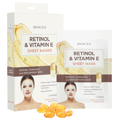 Skin 2.0 Retinol & Vitamin E Sheet Mask - Anti-Aging Acne Scar & Hyperpigmentation Treatment - Hydrating Dermatologist Tested Korean Skincare - Clean Beauty Cruelty-Free All Skin Types - 5 Masks